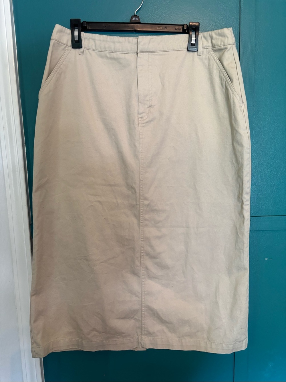 Kim Rogers khaki 100% Cotton Midi Skirt W/ Slit Size 12
